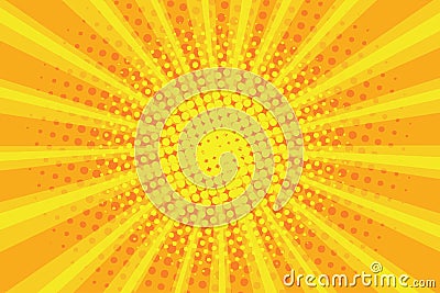 Pop art sunburst pattern, comic halftone background. Retro explosion backdrop. Radial rays with dots, yellow sunbeam. Vector Vector Illustration